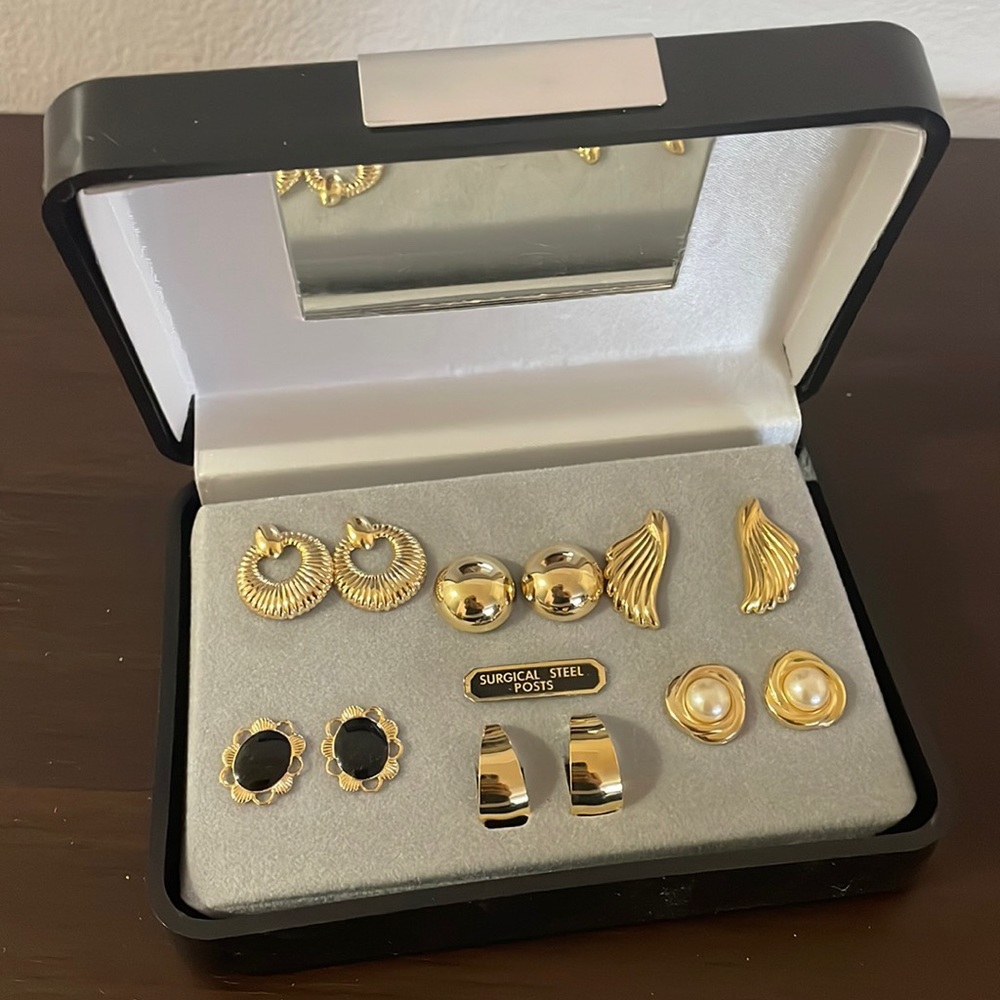 Pair of Six New Earrings in Box, Surgical Steel Posts
